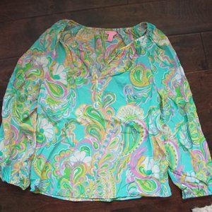 Womens Lilly Pulitzer pastel paisley LS tunic blouse top 100% silk  Small